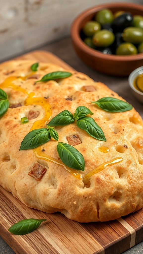 Basil Focaccia Bread Recipe Golden-brown focaccia bread topped with basil and olive oil on a wooden board.
